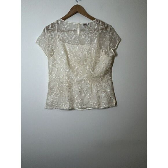 Talbots Blouse Womens 10 Cream Ivory Embroidered Pure Silk Sheer Overlay Cami - Picture 2 of 5